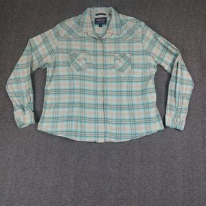 ROUGH STOCK PANHANDLE SLIM WOMENS BLUE TAN PLAID PEARL SNAP WESTERN SHIRT SZ XXL